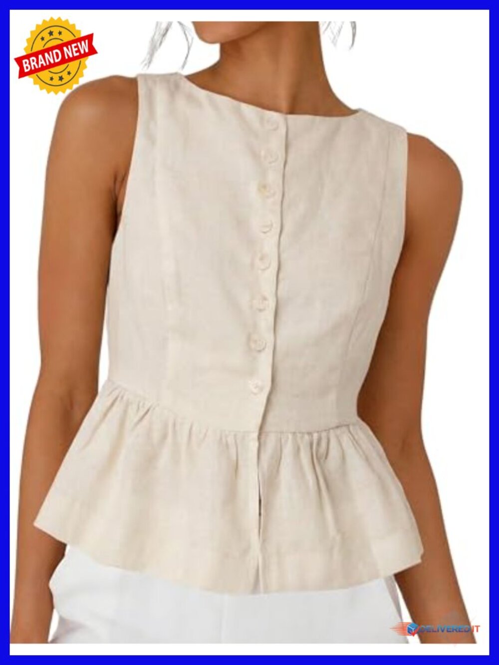 Linen Tank Top Sleeveless Ruffled Hem Peplum Top